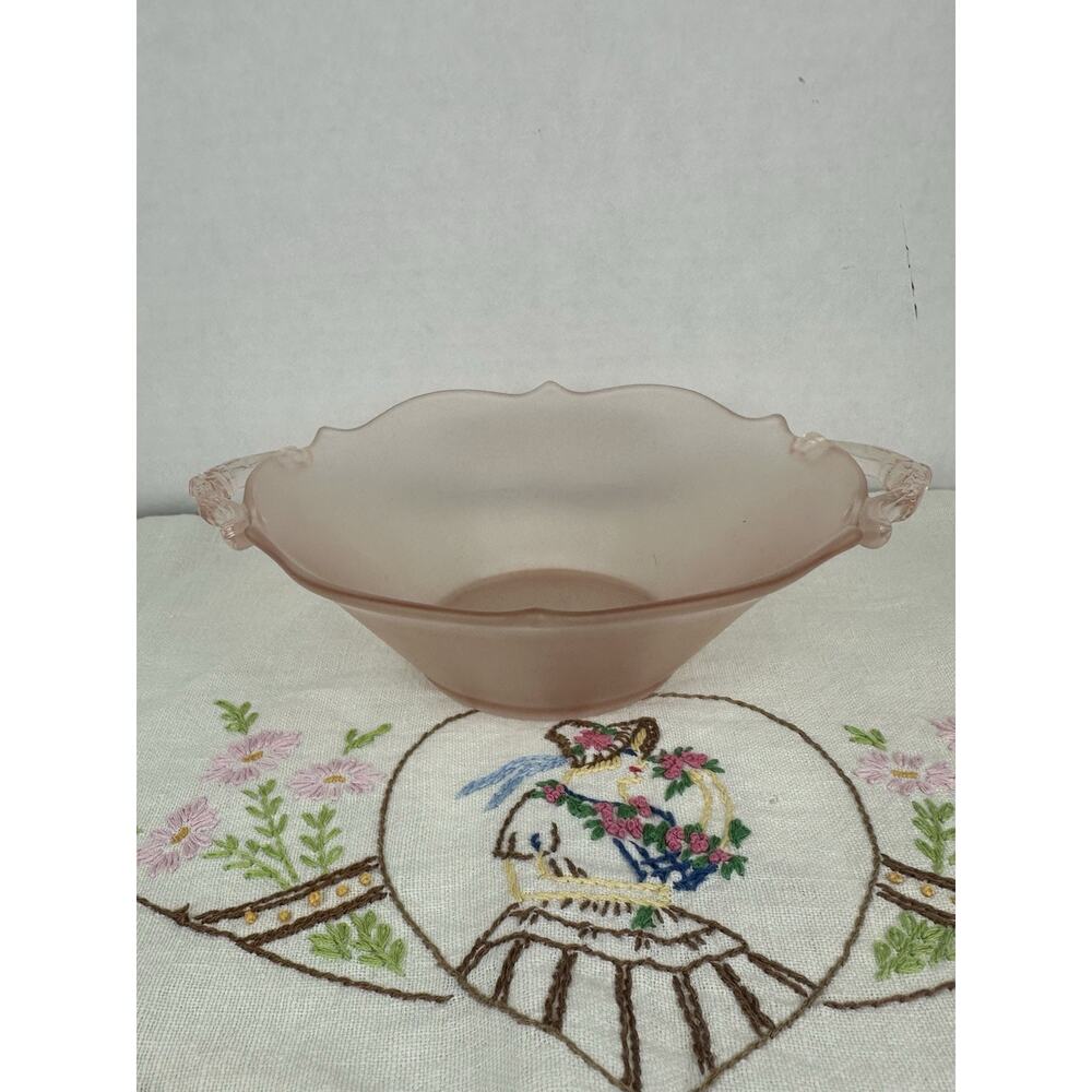 Vintage Lancaster Depression Glass Frosted Pink Double Handle Small Bowl Elegant